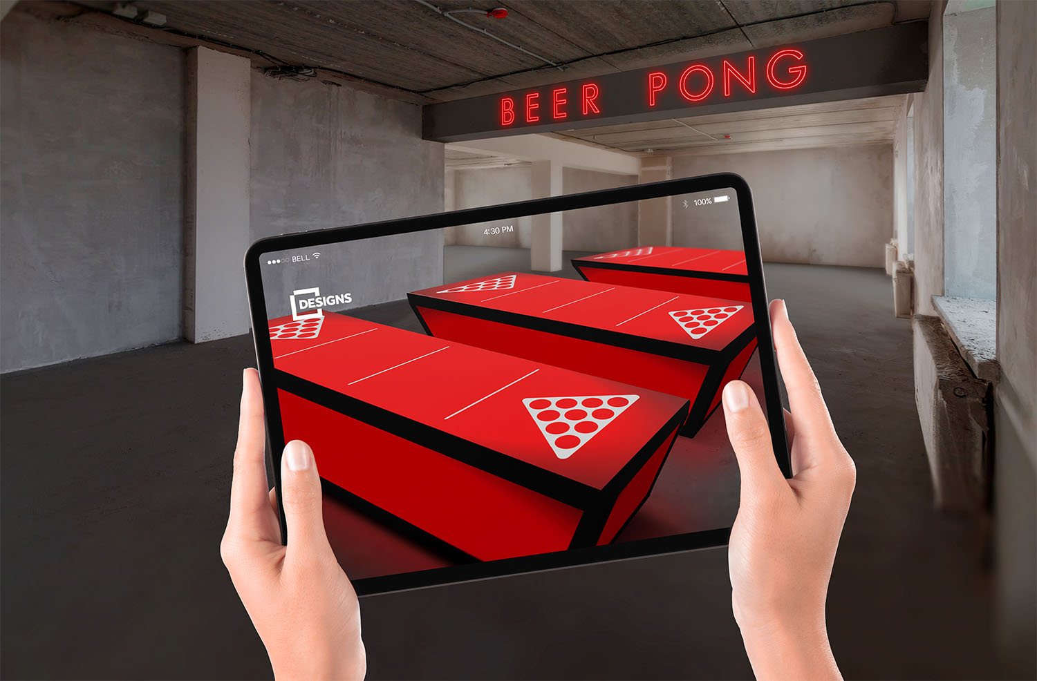 IPad showing bespoke ping pong tables using augmented reality in an empty building.