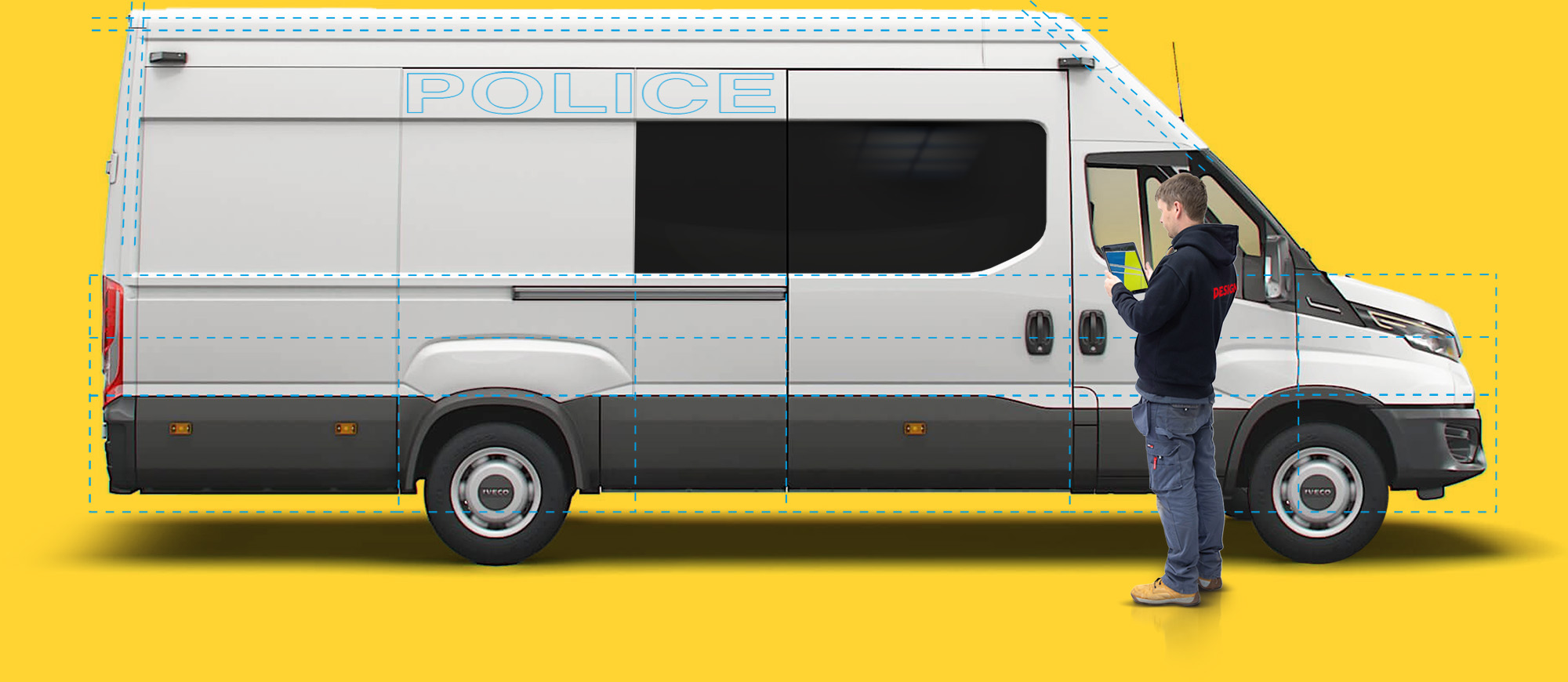 Vehicle graphic sketch overlaid onto van.