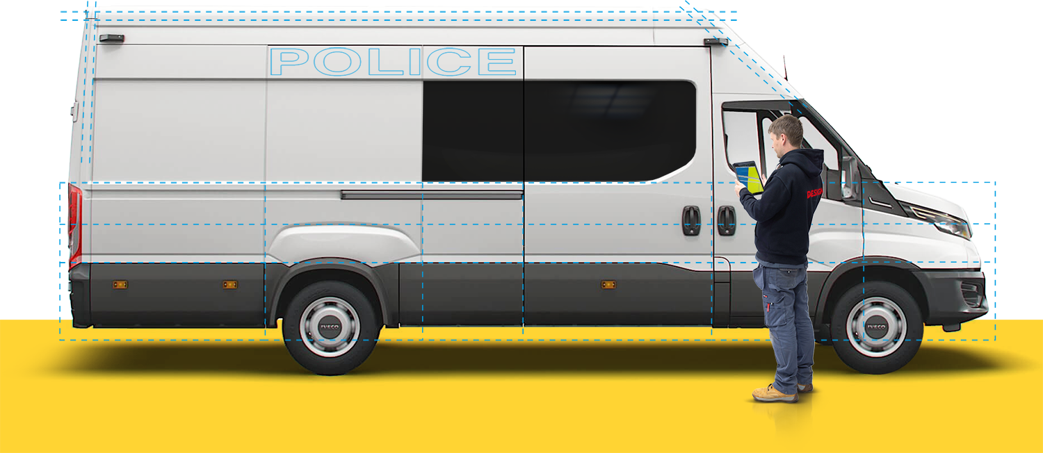 Vehicle graphic sketch overlaid onto van.