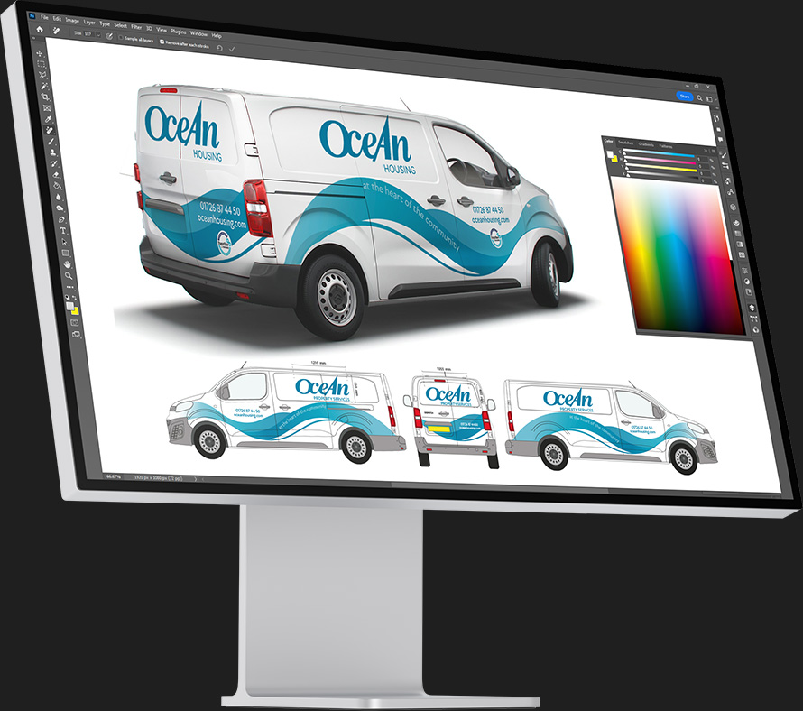 Computer screen showing van graphic design process.