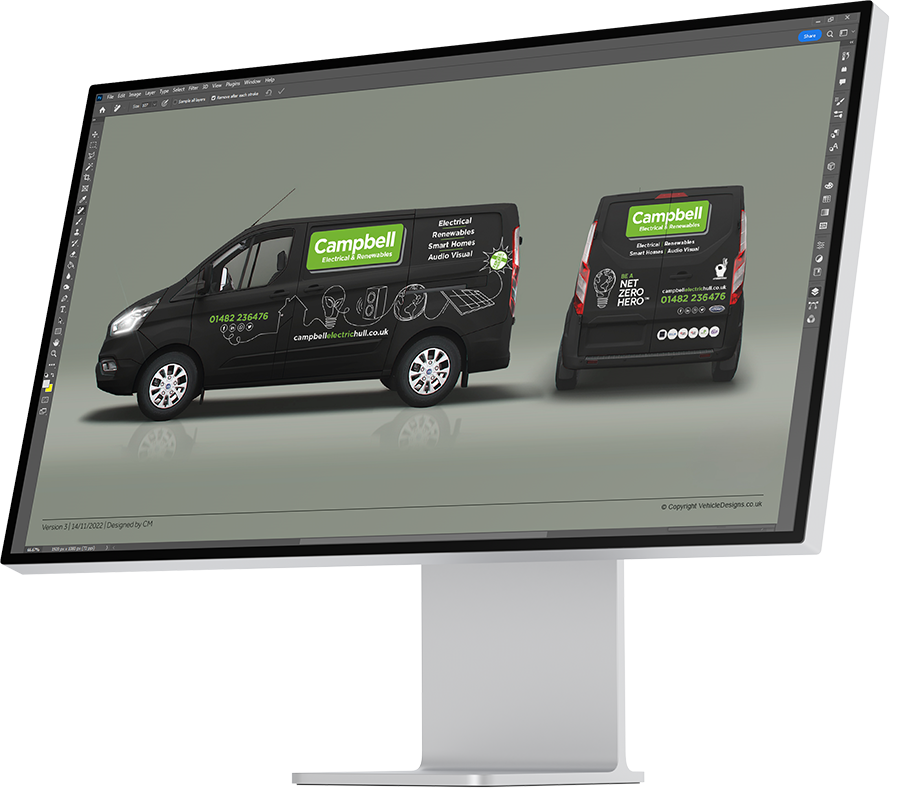 Computer screen showing van livery mockup.