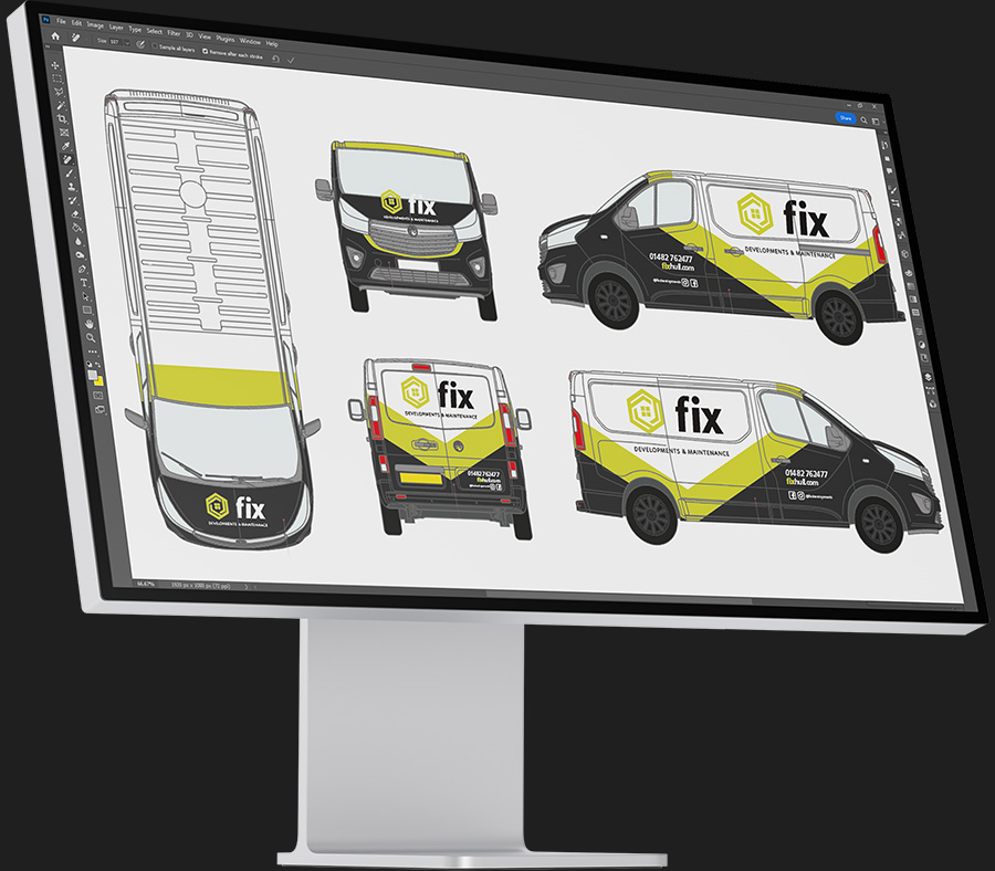 Computer screen showing van livery design process.