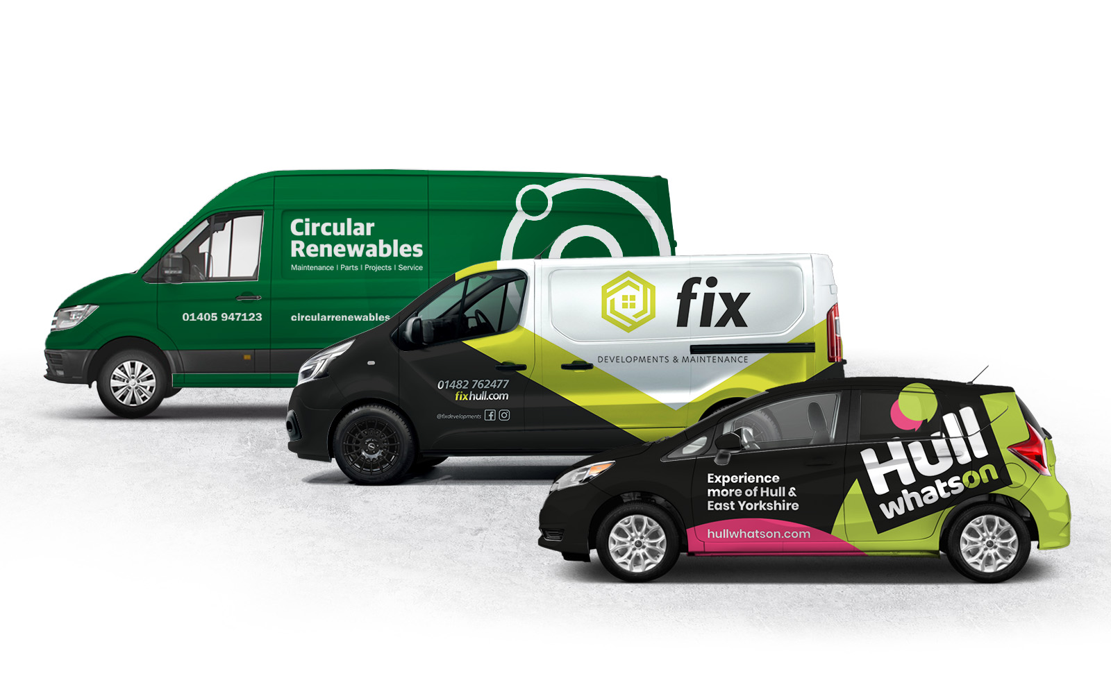 Three vehicle wraps completed by Designs.